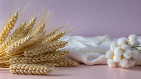 A bunch of wheat stalks, a piece of white fabric, and a cotton flower arrangement on a pink background.の素材