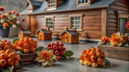Miniature wooden houses and crafted flower arrangements.の素材