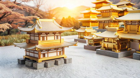 Golden Pagoda Temple miniature against a sunset backdrop.の素材