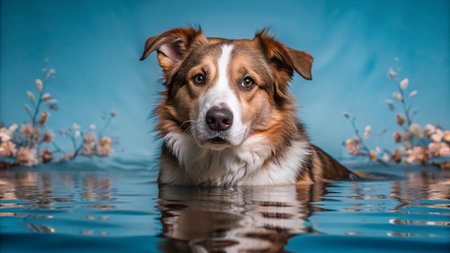 A brown and white border collie dog with big brown eyes sits in blue water with floral branches in the background.の素材