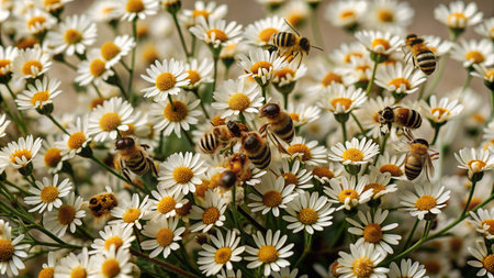 Bees gather pollen from white daisies.の素材