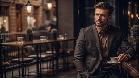Handsome man in suit sits at cafe, holding coffee cup, looking away.の素材