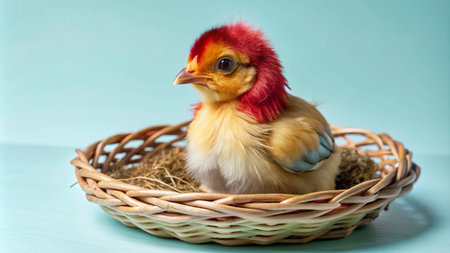 A fluffy yellow chick with red feathers sits in a wicker basket against a blue background.の素材