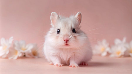 A fluffy white hamster sits on a pink background with white flowers.の素材