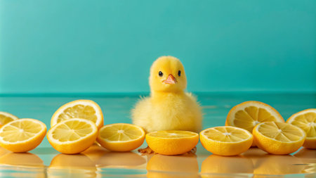 A cute yellow chick sitting in a circle of lemon halves on a blue background.の素材