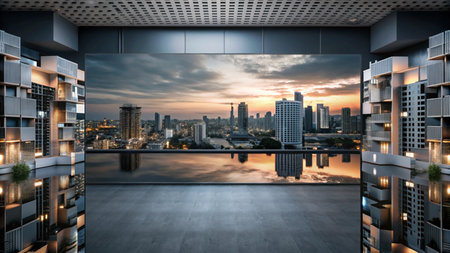 Modern rooftop with panoramic city skyline view at sunset.の素材