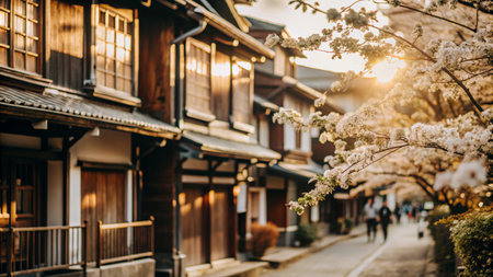 Traditional Japanese houses with cherry blossoms in the foreground, sun setting in the background.の素材
