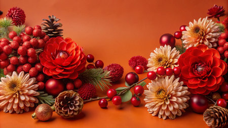 Red and orange flowers, pine cones, and berries on an orange background.の素材