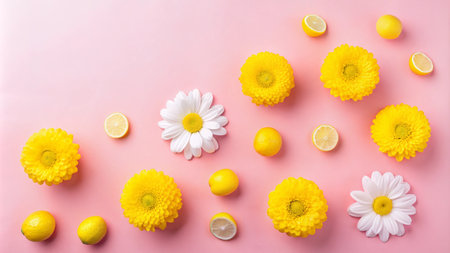Pink background with lemons and daisies.の素材