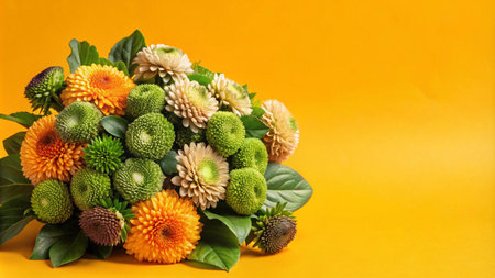 A vibrant bouquet of orange, green, and beige flowers with green leaves arranged on a bright yellow background.の素材