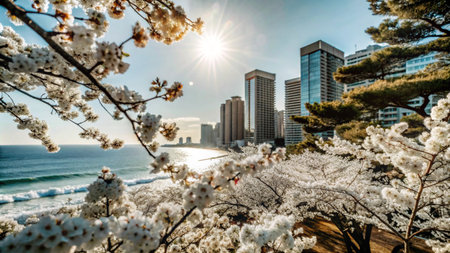 City skyline framed by blooming cherry blossoms and ocean waves with the sun shining in the background.の素材