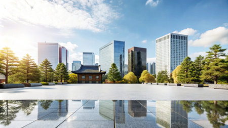 Modern cityscape with a traditional Japanese building in the foreground, reflecting in a large, reflective plaza.の素材
