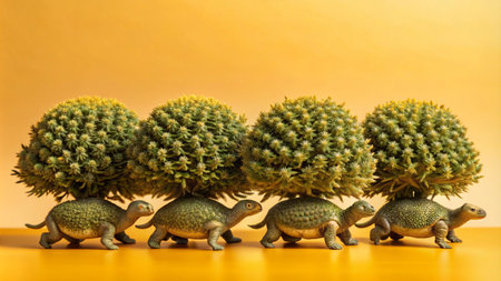 Four toy turtles carrying green plants, walking in a line on a yellow background.の素材