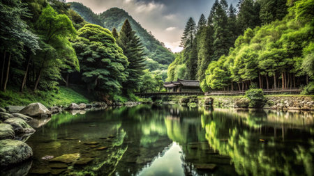 Serene landscape with a wooden bridge spanning a tranquil pond surrounded by lush greenery and mountains in the distance.の素材