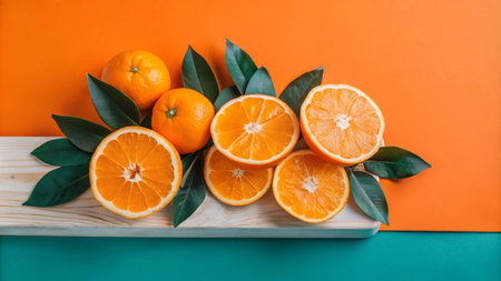 Fresh oranges with green leaves on a wooden board against a vibrant orange and teal background.の素材