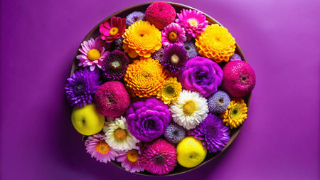 A circular arrangement of vibrant flowers and apples on a purple background.の素材