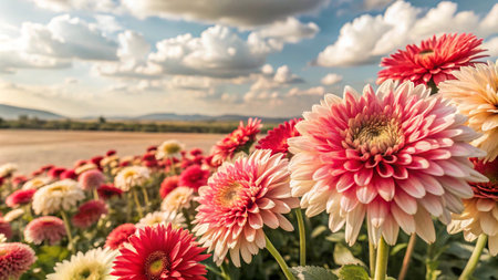 A field of pink and red gerbera daisies under a blue sky with white clouds.の素材
