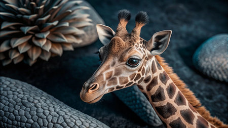 Close-up portrait of a baby giraffe with its head tilted, looking at the camera with a curious expression.の素材