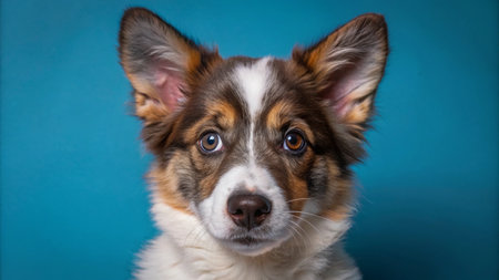 A cute puppy with brown, white, and black fur looks directly at the camera with its big brown eyes.の素材
