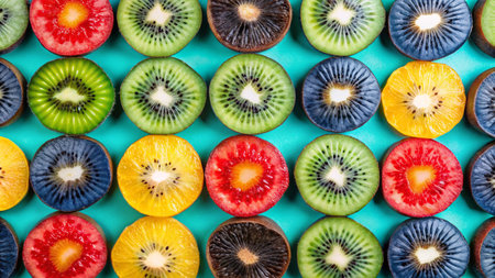 Colorful kiwi fruit slices arranged in a grid pattern on a blue background.の素材
