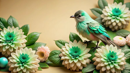 A green bird stands amongst white and green flowers with green and white eggs on a beige background.の素材