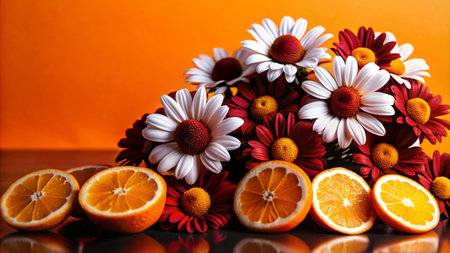 A bouquet of white and red daisies with sliced oranges on a table against an orange background.の素材