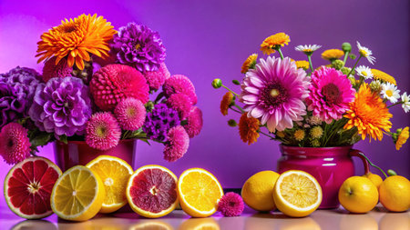 Vibrant flower bouquets and citrus fruits in red vases against a purple background.の素材