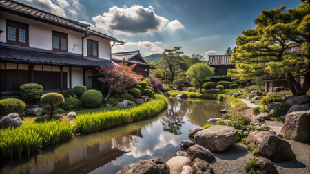 Traditional Japanese garden with a pond, rocks, and lush greenery.の素材