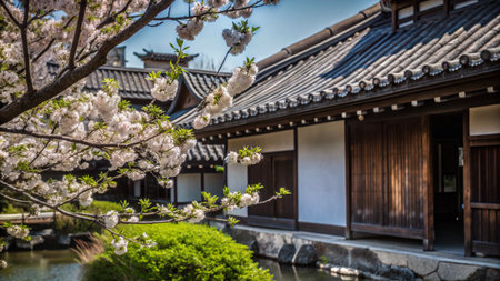 Traditional Japanese house with cherry blossoms in bloom.の素材