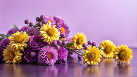 A bouquet of yellow and purple flowers on a table with a purple background.の素材