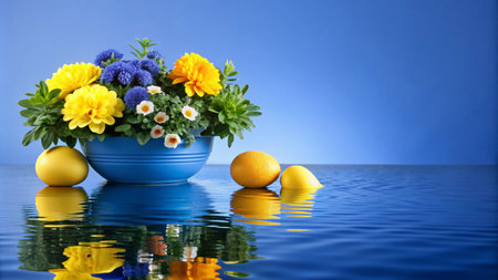 A blue bowl filled with yellow and blue flowers, two yellow lemons, and a blue background, all reflected in the water.の素材