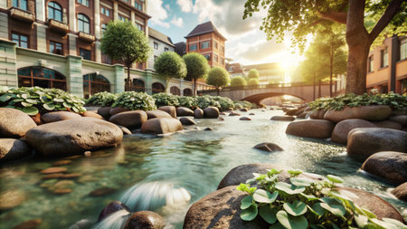 A tranquil stream flows through a picturesque European town square, bathed in the warm glow of the setting sun.の素材