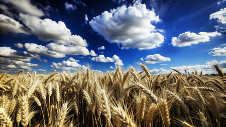Golden wheat field with a blue sky and white clouds above.の素材