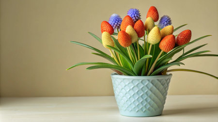 A blue pot with green leaves and artificial red, yellow, and blue strawberries on a white surface.の素材