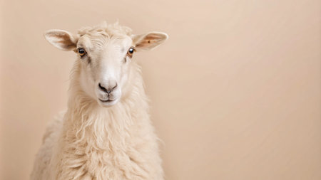 A white sheep with fluffy white fur stares directly at the camera against a light tan background.の素材