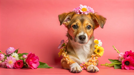 A small brown and white dog wearing a flower crown and necklace,  surrounded by pink and yellow flowers on a pink background.の素材