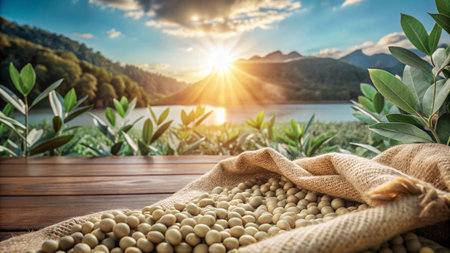 A burlap sack filled with soybeans sits on a wooden table in front of a lake and mountains at sunset.の素材
