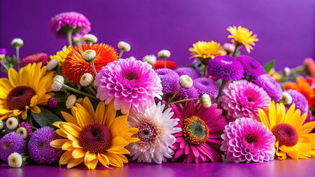A vibrant bouquet of colorful flowers against a purple background.の素材