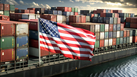 A US flag waving proudly against a backdrop of shipping containers.の素材
