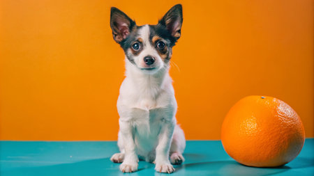 A small white and brown chihuahua dog sits on a turquoise surface next to a large orange.の素材