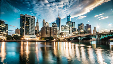 A cityscape with a bridge over a river at sunset with skyscrapers reflected in the water.の素材