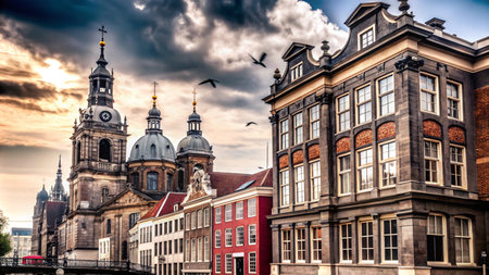 Historic Dutch architecture with a church and traditional houses under a dramatic sky.の素材