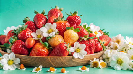 A wooden bowl overflowing with fresh, ripe strawberries and white flowers against a teal background.の素材