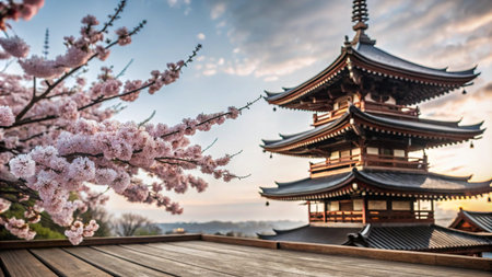 A wooden deck with a view of a Japanese temple and cherry blossoms in the springtime.の素材