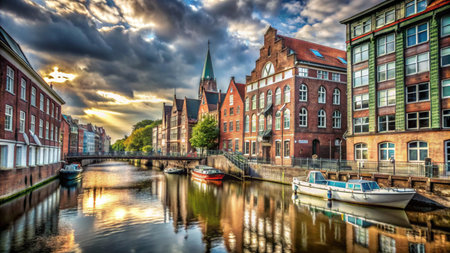 A picturesque view of a canal in a historic European city, with a dramatic sky and old buildings reflected in the water.の素材