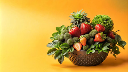 A bowl filled with fresh fruit, including strawberries, pineapples, and green leaves, on a yellow background.の素材