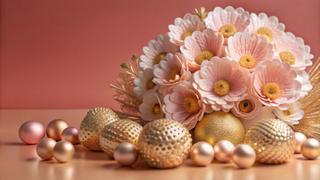 Pink and gold decorative flowers and baubles on a pink background.の素材