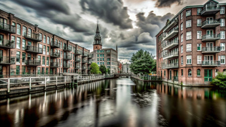 A canal runs through a city with buildings on either side and a church steeple in the distance. The water is calm and reflective, and the sky is cloudy.の素材