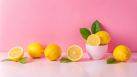 A bowl of lemons with leaves on a white surface in front of a pink background.の素材