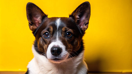 A brown and white dog with big ears stares intently at the camera against a bright yellow background.の素材